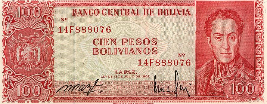 Боливия 100 песо бовилиано 1962 г "Симон Боливар"  UNC