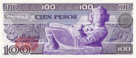Мексика 100 песо 1978 г «Божество chac mool» аUNC Красная печать