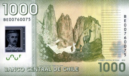 Чили 1000 песо 2012 г  «Гуанако в нац.парке Торрес-дель-Пайне»  Пластик UNC