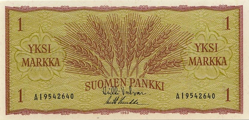Финляндия 1 марка 1963 г.  UNC