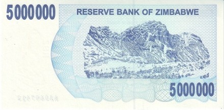 Зимбабве 5000000 долларов 2008 Террасированные холмы UNC
