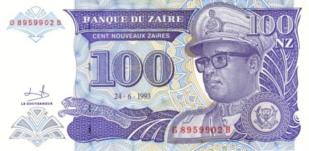 Заир 100 новых заиров 1993 г «Президент Мобуту Сесе Секо»  UNC  