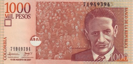 Колумбия 1000 песо 2007 г &quot;Хорхе Гайтан&quot; UNC