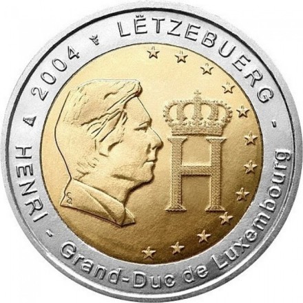 Люксембург 2 евро 2004 г Анри Нассау. Портрет и монограмма герцога