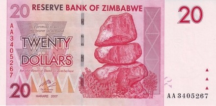 Зимбабве 20 долларов 2007 Шахтер UNC