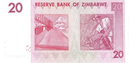 Зимбабве 20 долларов 2007 Шахтер UNC