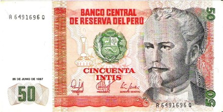 Перу 50 инти 1987 г  /министр финансов Николас де Пьерола/   UNC