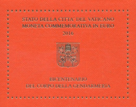 Ватикан 2 евро 2016 г «200 лет папской жандармерии» в буклете