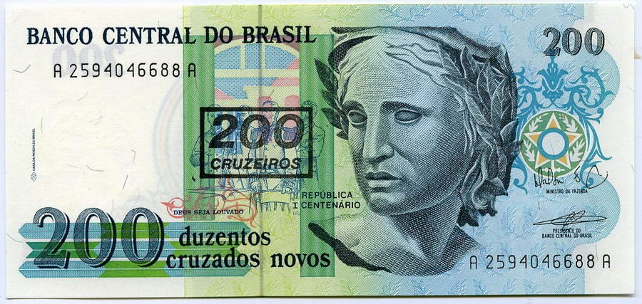 Бразилия 200 крузейро 1990  UNC /Патрия, фрагмент картины Педро Бруно /Надпечатка