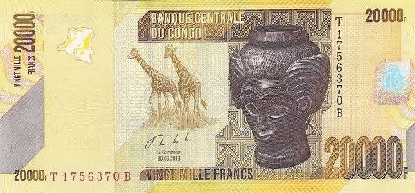 Конго 20000 франков 2013 г Жирафы. Резная голова Bashilele  UNC    
