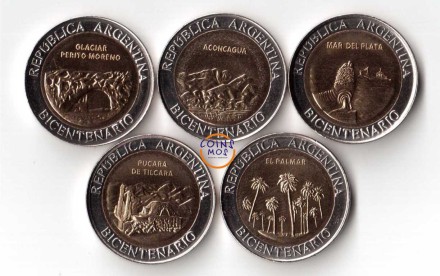 Аргентина Набор из 5 монет 2010 г.  (200 лет Аргентине) Биметалл!!