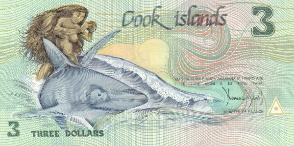 Острова Кука. Обнаженная Ина, плывущая на акуле.  3 доллара 1992 г. Надпечатка «6-й фестиваль искусств Тихоокеанского региона» UNC  редк.