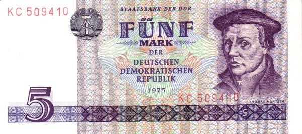 Германия (ГДР) 5 марок 1975 г Томас Мюнцер   UNC    