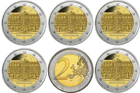 Германия 2 евро 2020  Бранденбург (дворец Сан-Суси в Потсдаме)  все монетные дворы (A,D,F,G,J)     