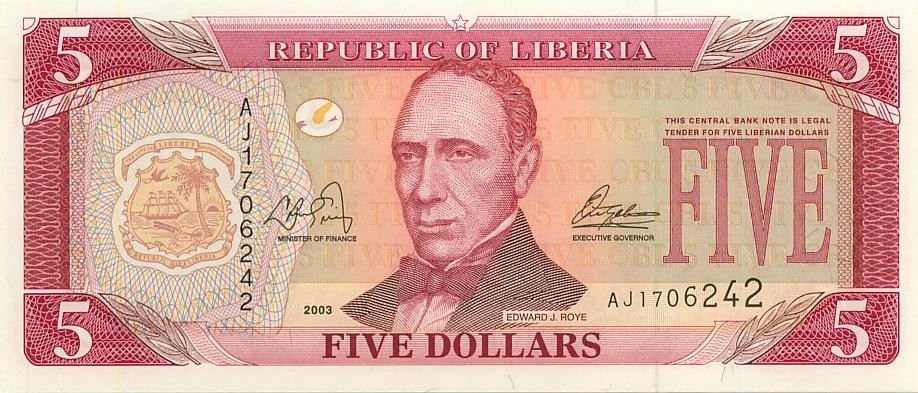 Либерия 5 долларов 2003 - 2009 г «Пятый президент Либерии Эдвард Джеймс Рой» UNC