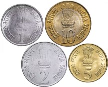 Индия набор 1, 2, 5, 10 рупий 2010 Тигры / Платиновый юбилей Резервного банка Индии 
