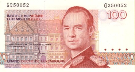 Люксембург 100 франков 1986 г. «портрет великого герцога Жана» UNC серия А - К
