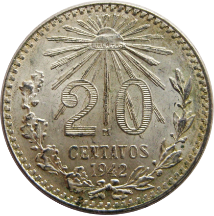 Мексика 20 центаво 1942 г Серебро!!