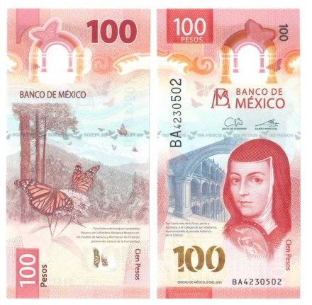 Мексика 100 песо 2021 / Хуана Инес де ла Крус / бабочка-монарх  UNC   Пластиковая  