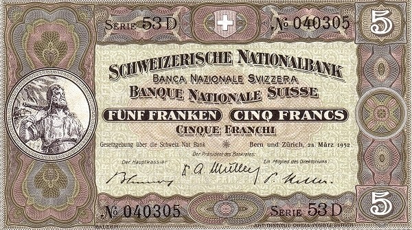 Швейцария 5 франков 1952 г.  Вильгельм Телль  UNC  Достаточно редкая!!
