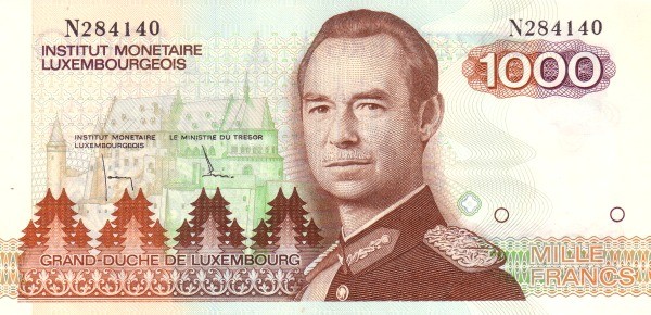 Люксембург 1000 франков 1985 г. «портрет великого герцога Жана»  UNC