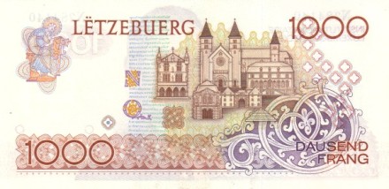 Люксембург 1000 франков 1985 г. «портрет великого герцога Жана»  UNC