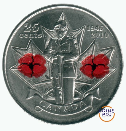 Канада  65 лет победы во Второй Мировой войне  25 центов 2010 года.  Эмаль
