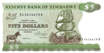 Зимбабве 5 долларов 1983 г. Зебра UNC