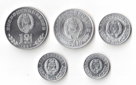 Северная Корея Набор из 5 монет 1959-1987 гг. Редкие 1,5,10 чона (звездочка)