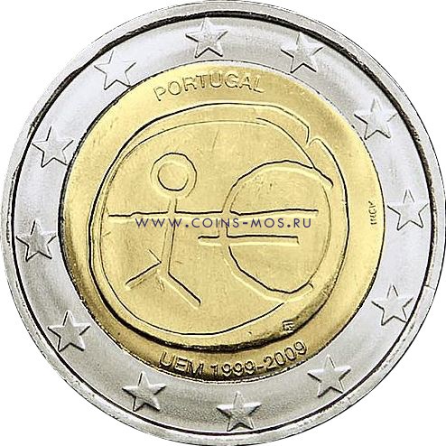 Португалия 2 евро 2009 г  «10 лет Экономическому и валютному союзу»