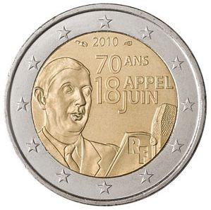 Франция 2 евро 2010 г «70 лет воззванию Шарля де Голля «Ко всем французам»      