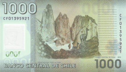 Чили 1000 песо 2010 г. «Гуанако в нац.парке Торрес-дель-Пайне» Пластик UNC