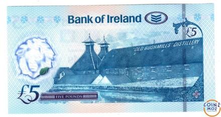Ирландия Северная (Bank of Ireland) 5 фунтов 2017(2019) г. Вискикурня Бушмилс UNC пластик