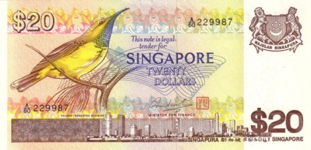 Сингапур 20 долларов 1979 г. «Желтобрюхий воробей»  UNC 