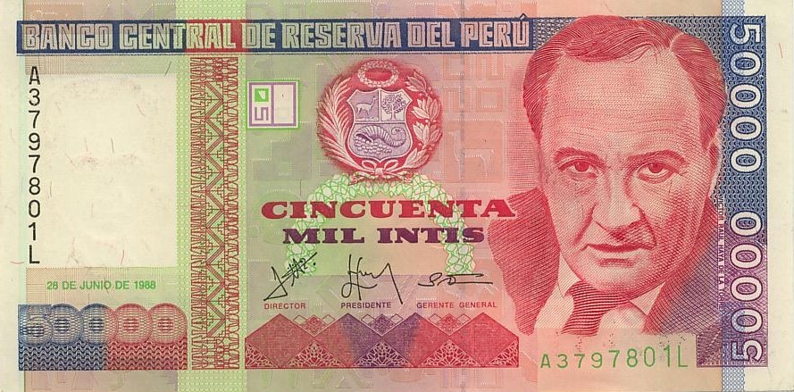 Перу 50000 инти 1988 г "политик Виктор Рауль Айя де ла Торре"  UNC