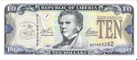 Либерия 10 долларов 2003 г «Портрет Джозефа Дженкинса Робертса»  UNC