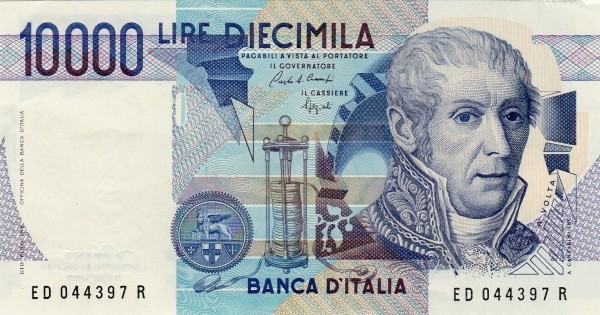 Италия 10000 лир 1984 г. Физик Алессандро Вольта UNC тип подписи I
