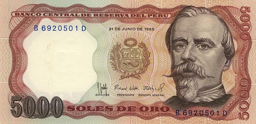 Перу 5000 солей 1976-85 г  "Франсиско Болоньези"  UNC