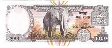 Непал 1000 рупий 2001 г. «Ступа Сваямбунатх (Обезьяний храм). Азиатский слон.»  UNC      