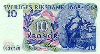 Швеция 10 крон "Свеа-фигура, символизирующая Швецию" 1968г UNC