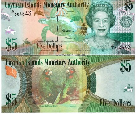 Каймановы острова 5 долларов 2010 г Каймановы попугаи UNC