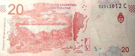 Аргентина 20 песо 2020 г Лама гуанако. Панарама Патагонии  UNC  