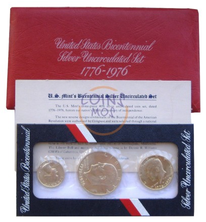 США 200 лет независимости. Набор из 3-х серебряных монет 1976 г в банковской упаковке