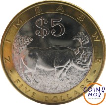 Зимбабве 5 долларов 2002 г  Носорог