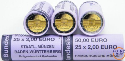 Германия 2 евро 2019 г. «70-летие Бундесрата» все монетные дворы (A,D,F,G,J)