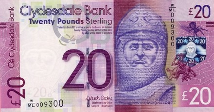 Шотландия 20 фунтов 2015 г. /Король Шотландии Роберт Брюс/ UNC