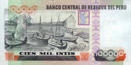Перу 100000 инти 1989 г.  /Папирусные лодки на озере Титикака/  UNC 