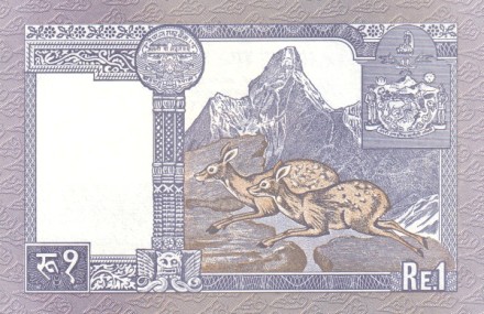 Непал 1 рупия 1990-1995 г. Мускусные олени в горах Ама-Даблам   UNC