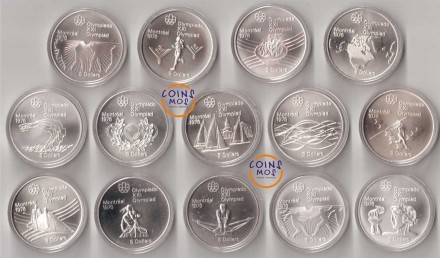 Канада Набор из 14 серебряных монет(5$) 1973 - 1976 г. &quot;XXI летние Олимпийские Игры в Монреале&quot; (24,3 гр/монета)