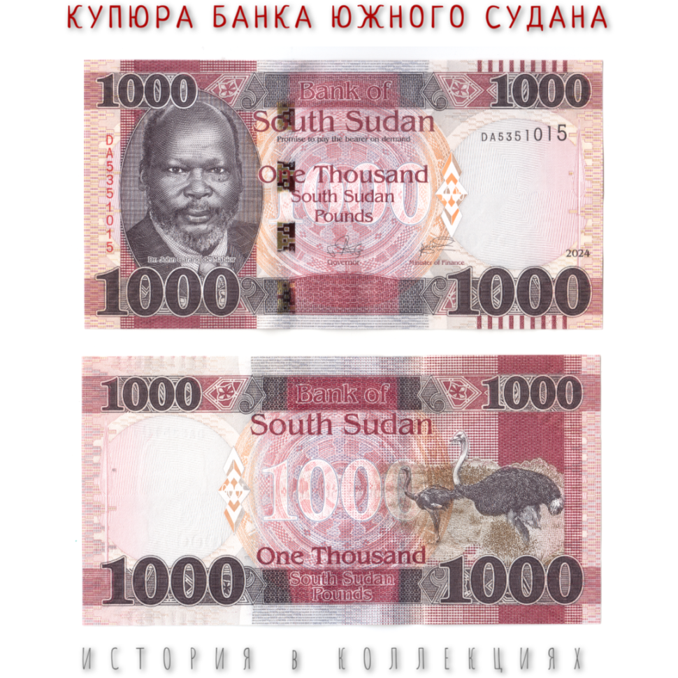 Южный Судан 1000 фунтов 2024 г. Страусы UNC